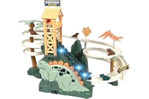 GEMPRIME Goods Dinosaur Climbing Slide Toy, Dinosaur Race Track Game Dino Car Track Adventure with Climbing Stairs, Lights & Music Roller Coaster Toy for Toddlers Kids Boys Girls Age 3-8 - Green