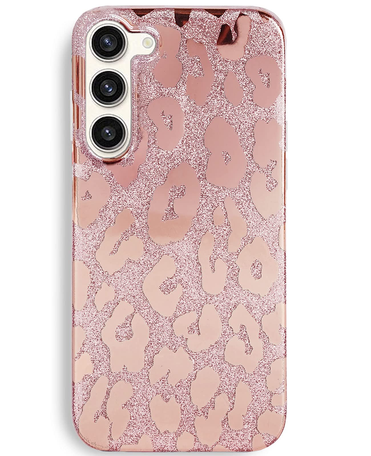 J.west Case for Samsung Galaxy S23 Case 6.1-inch,Luxury Saprkle Bling Glitter Leopard Print Design Soft Metallic Slim Protective Phone Cases for Women Girls Clear TPU Bumper Silicone Cover Rose Gold