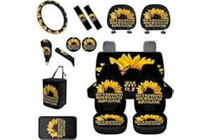 BIGCARJOB Sunflower Car Accessories Set 15 Pack She's Sunshine Sunflower Car Seat Covers Full Set,Sunflower Car Headrest Cover,Steering Wheel Cover,Car Trash Can,Seat Belt Pads