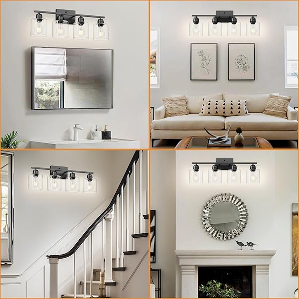 FAISHILAN MODERN 4 LIGHT BATHROOM LIGHT FIXTURES, 24 INCH BLACK VANITY LIGHTS FOR BATHROOM WITH CLEAR GLASS, BATHROOM VANITY LIGHT FOR MIRROR KITCHEN LIVING ROOM HALLWAY CABINET PORCH