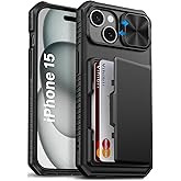 Vihibii for iPhone 15, iPhone 14, and iPhone 13 Case with Card Holder (4 Cards) [RFID Blocking] & Slide Camera Cover, Military Grade Drop Protection, Rugged Hard Back & TPU Silicone Phone Case, Black
