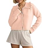 MISSACTIVER Women Ruffle Collar Cropped Cardigan Casual Lapel Button Down Sweaters Long Sleeve Open Front Knit Jacket