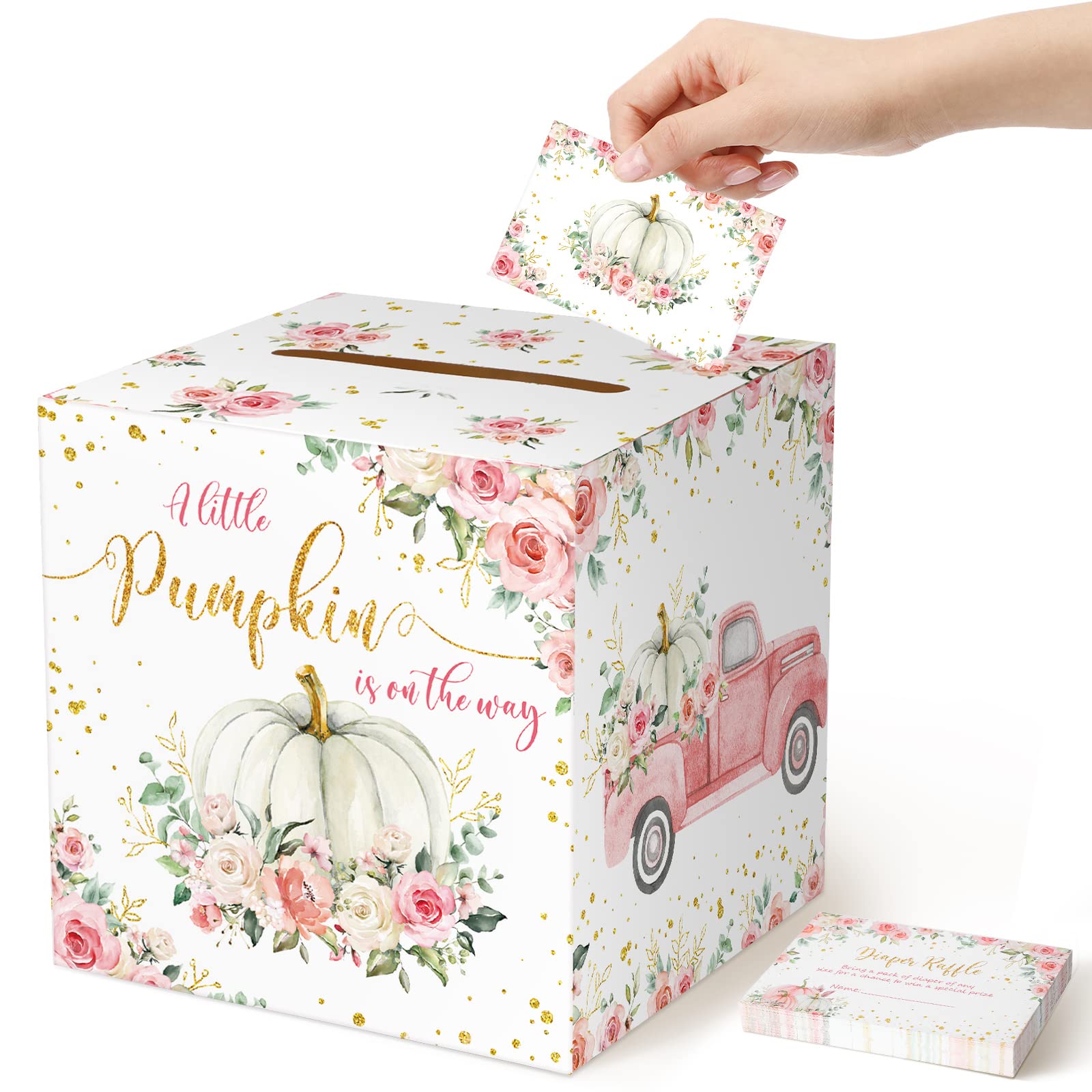 Photo 1 of Fumete 51 Pcs Thanksgiving Pumpkin Diaper Raffle Card Box with Diaper Raffle Tickets Insert Card Little Pumpkin Is on The Way, for Baby Shower Game Gender Reveal Party Decorations Supplies Prizes