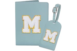 ULICO Initial Passport Cover and Luggage Tag Set,PU Leather Letter Passport Case Holder Travel Suitcase Tag, Personalized Travel Luggage Accessories Gifts for Women Kids Teenage Blue M