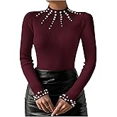 WDIRARA Women's Pearls Beaded Rib Knit Mock Neck Long Sleeve Tops Slim Fit Tee Shirt