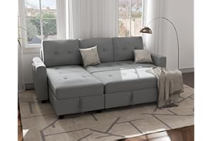 Ucloveria Sectional Sofa Couch, Sleeper Sofa Bed with Reversible Storage Chaise Pull Out Couch Bed for Living Room L-Shape Lounge 2 in 1 Futon Sofa with Side Storage Bag, Grey