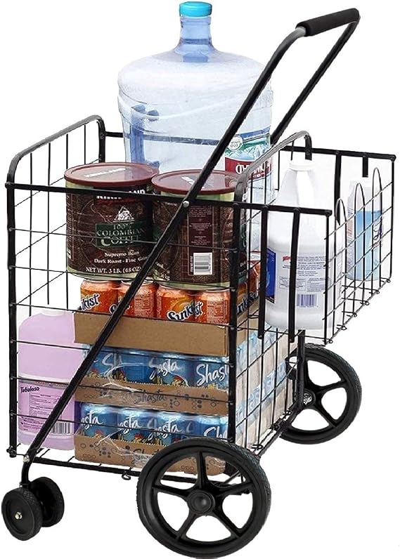 MOD Complete Double Basket Heavy-Duty Flat Folding Shopping Cart w/ Front Swivel Wheels