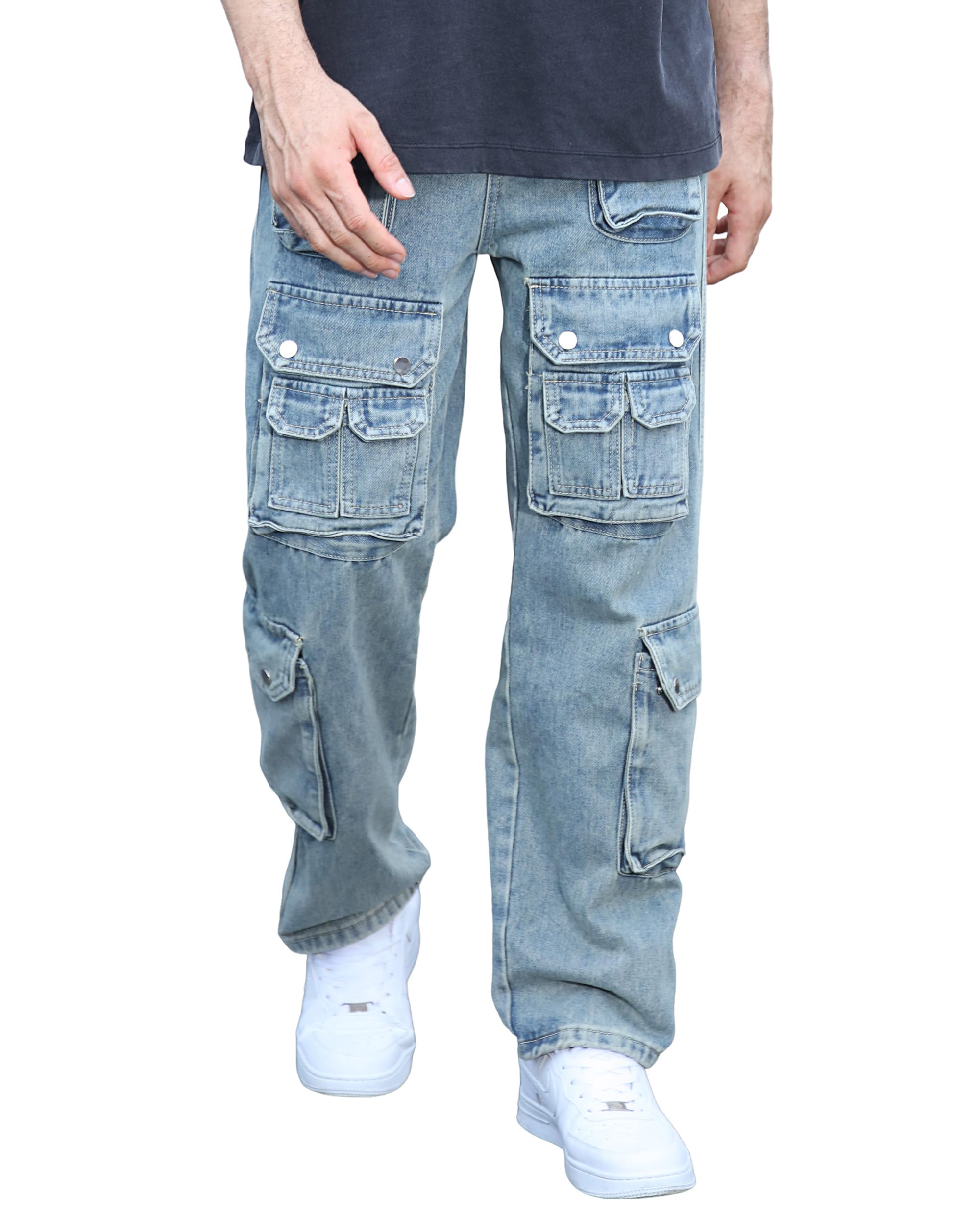 LOGEQI Men's Baggy Cargo Jeans Wide Leg Hip Hop Jeans Loose Fit ...