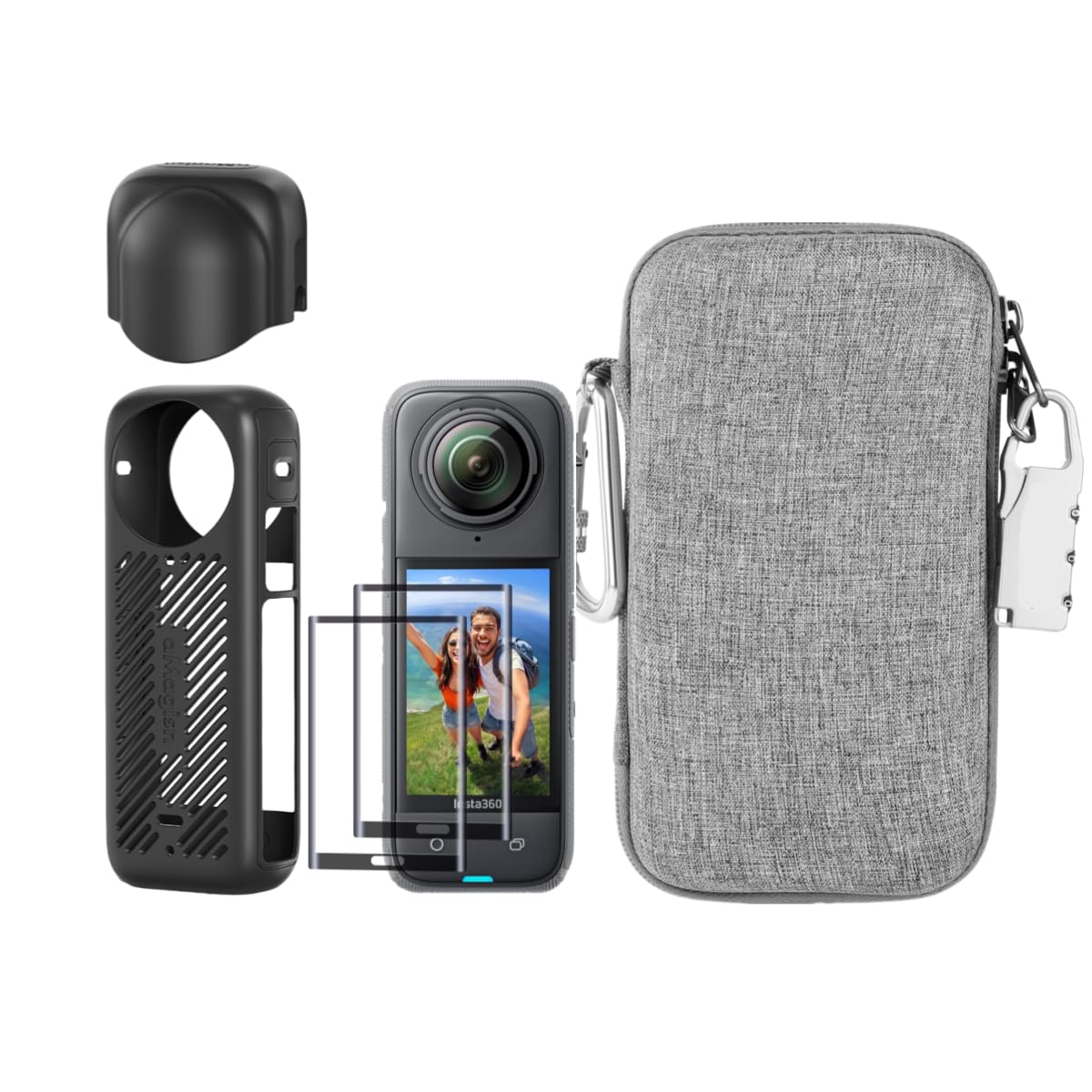 LEWOTE 7in1 Accessories Kit Compatible with Insta360 X4 [Silicone Camera Case Cover and Lens Cap][2Pcs Screen Protector Film][Outdoor Carrying Case with Locking Carabiner and Anti-Loss Lock] (Black)