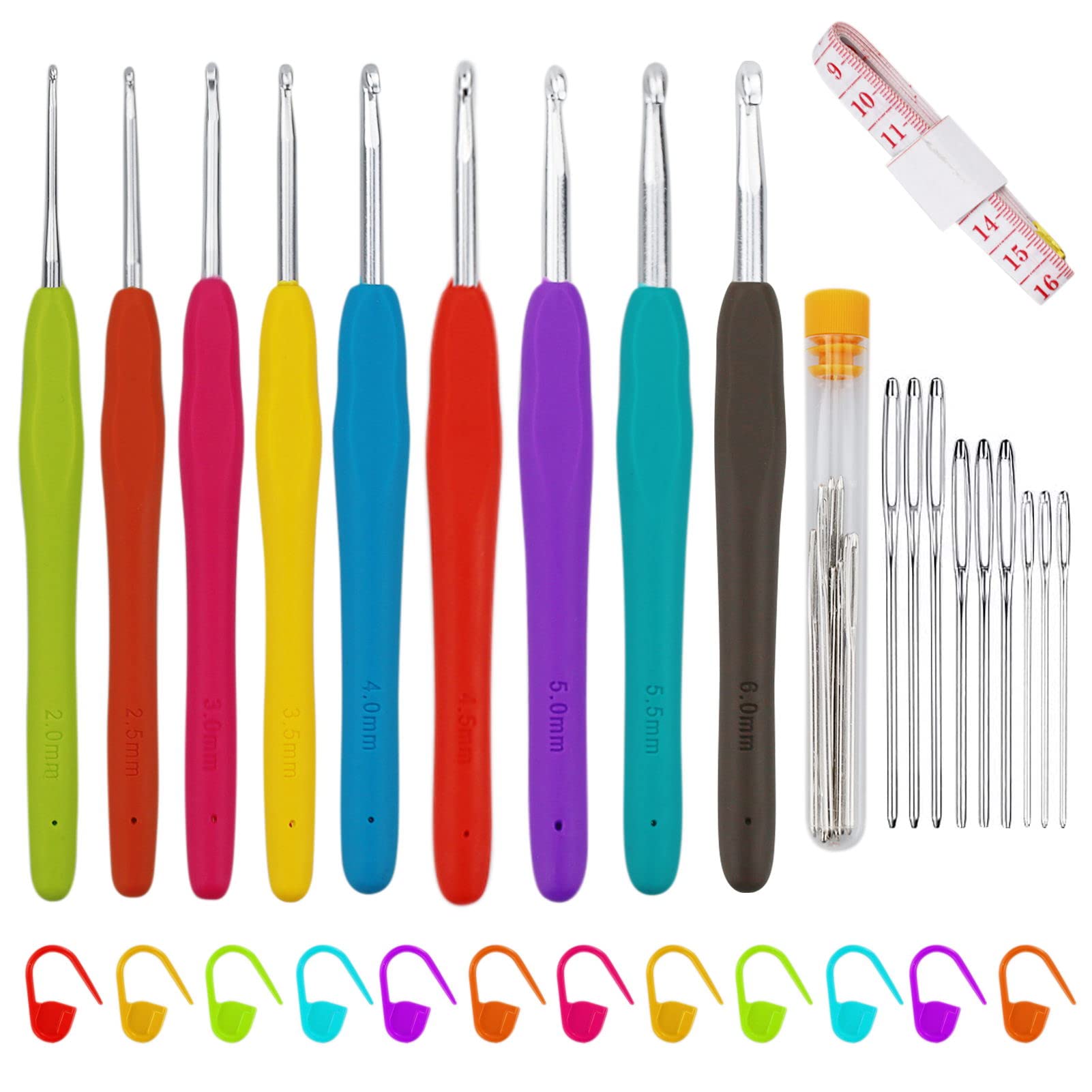 SZCXDKJ 39 Pack Crochet Hooks Set, 9PCS Aluminum Knitting Needles Kit Ergonomic Soft Grip Handle for Arthritic Hands with Measuring Tape Stitch Markers and Sewing Needles