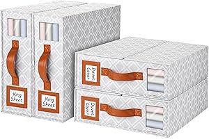 FGNTWP 4 Pack Bed Sheet Organizers and Storage, (King & Queen Size) Sheet Organizer for Linen Closet, Foldable Bedding Storage Box with Window for Bedsheets, Duvet Cover and Pillowcase