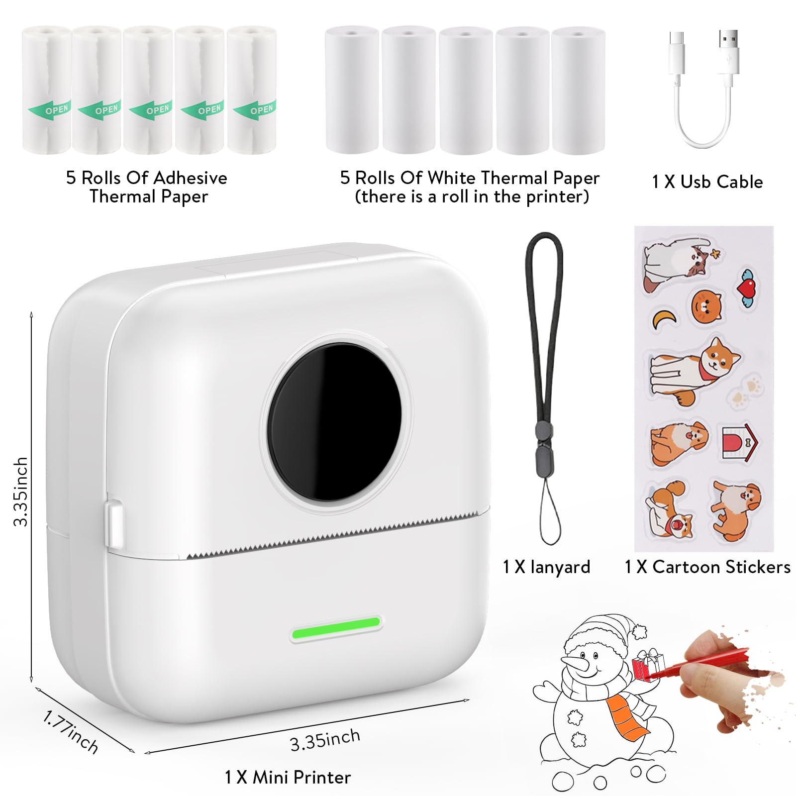 HuiJuKeJi Mini Sticker Printer Bluetooth Smart Pocket Inkless Thermal Printer with 11 Rolls Thermal Paper and Sticker for iOS&Android, Portable Receipt Printer for Photo Journal Notes Memo