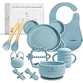 Silicone Baby Feeding Set - Complete Baby Led Weaning Supplies with Non-Toxic Silicone Bibs, Suction Plates, Suction Baby Bowl, Sippy Cup, Baby Spoons and Fork, Toddler Utensils (Baby Sky)