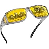 Bziia Night Vision Glasses Wrap-Around for Men Women,Fit Over Glasses,Polarized Night Driving Glasses with HD Yellow Lens