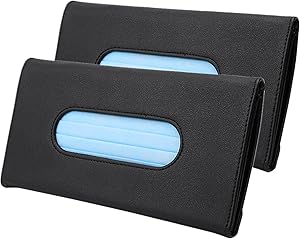 HZGAMER 2 Pack Car Tissue Holder, Black PU Leather Sun Visor Tissue Box Napkin Van Truck Vehicle Tissues Case Dispenser for Backseat and Sun Visor