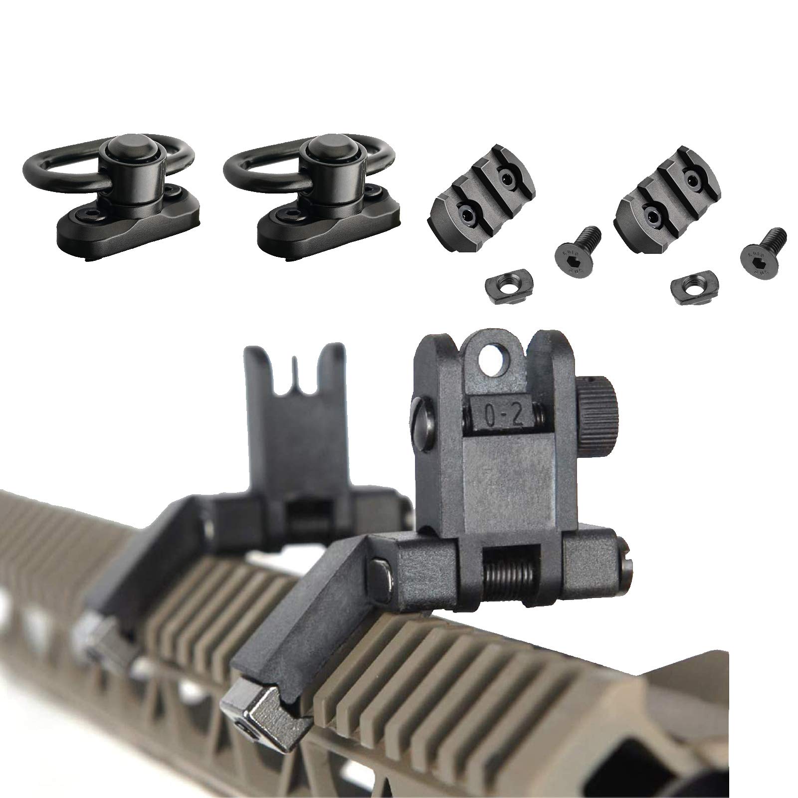 IORMAN Flip Up Sight 45 Degree Offset Rapid Transition Sights with 2 Pcs Mlock Quick Detach Release 1.25" Push Button QD Sling Swivels 2 Pcs Mlock 3 Slots mounts 1 Pcs