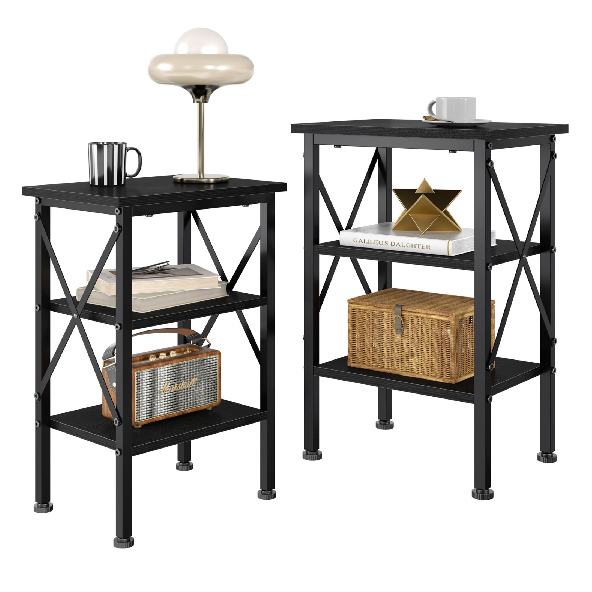 VECELO End Table, 24" Tall Wood Living Room X-Design Reinforced Side Tables, Nightstands with 3-Tier Wood Storage Shelves for Small Spaces, Office, Bathroom, Bedroom, Classic Black, 2 Pack Image