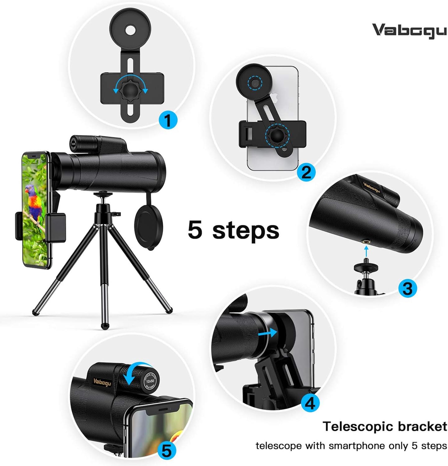 Monocular Telescope, 12x50 High Power HD Monocular for Bird Watching Adults with Smartphone Holder & Tripod BAK4 Prism for Wildlife Hunting Camping Travelling Wildlife - 2020 Newest (1250, Black) : Camera & Photo
