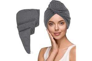 MaopaoBeauty Hair Towel Terry Cloth Absorbent Dry Anti Frizz Twist Plopping Curly Shower for Women Wet Hair 1Pack Grey Waffle Long Hair Head Wraps Quick Dry Hair Drying Towels Button