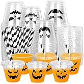 Whaline 60Pcs 9Oz Halloween Disposable Plastic Cups with Lids and Straws Black Evil Pumpkin Face Cold Beverage Drinking Cup for Trick or Treat Birthday Party Supplies