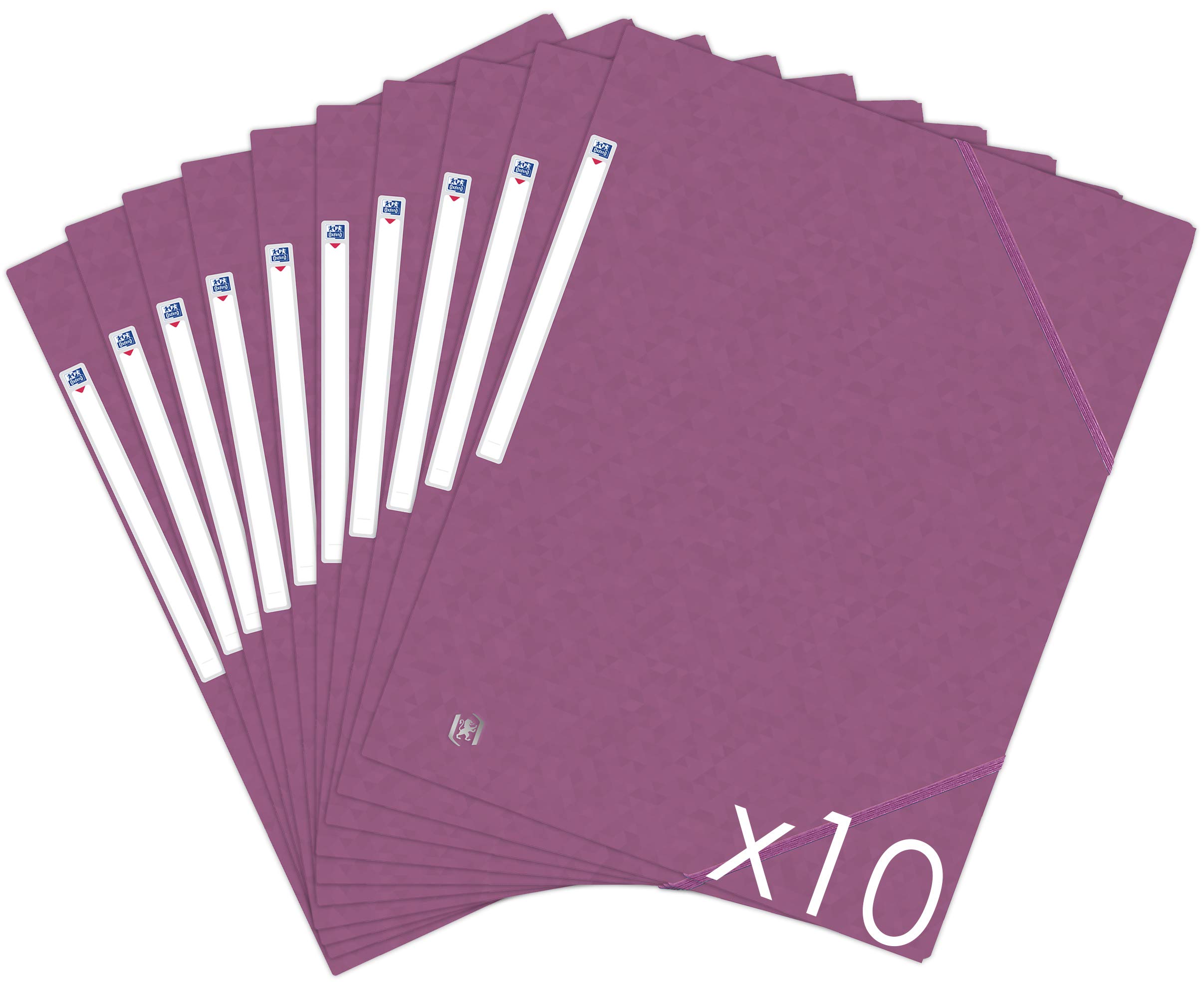 Oxford Topfile+ Pack of 10 Cardboard Folders with 3 Flaps, A4, Elastic Closure and Pockets - Plum