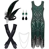 ZhouBoat 1920s Dresses for Women, Fringed Flapper Cocktail Dress Headband Gloves Earrings Necklace with 20s Accessories Set