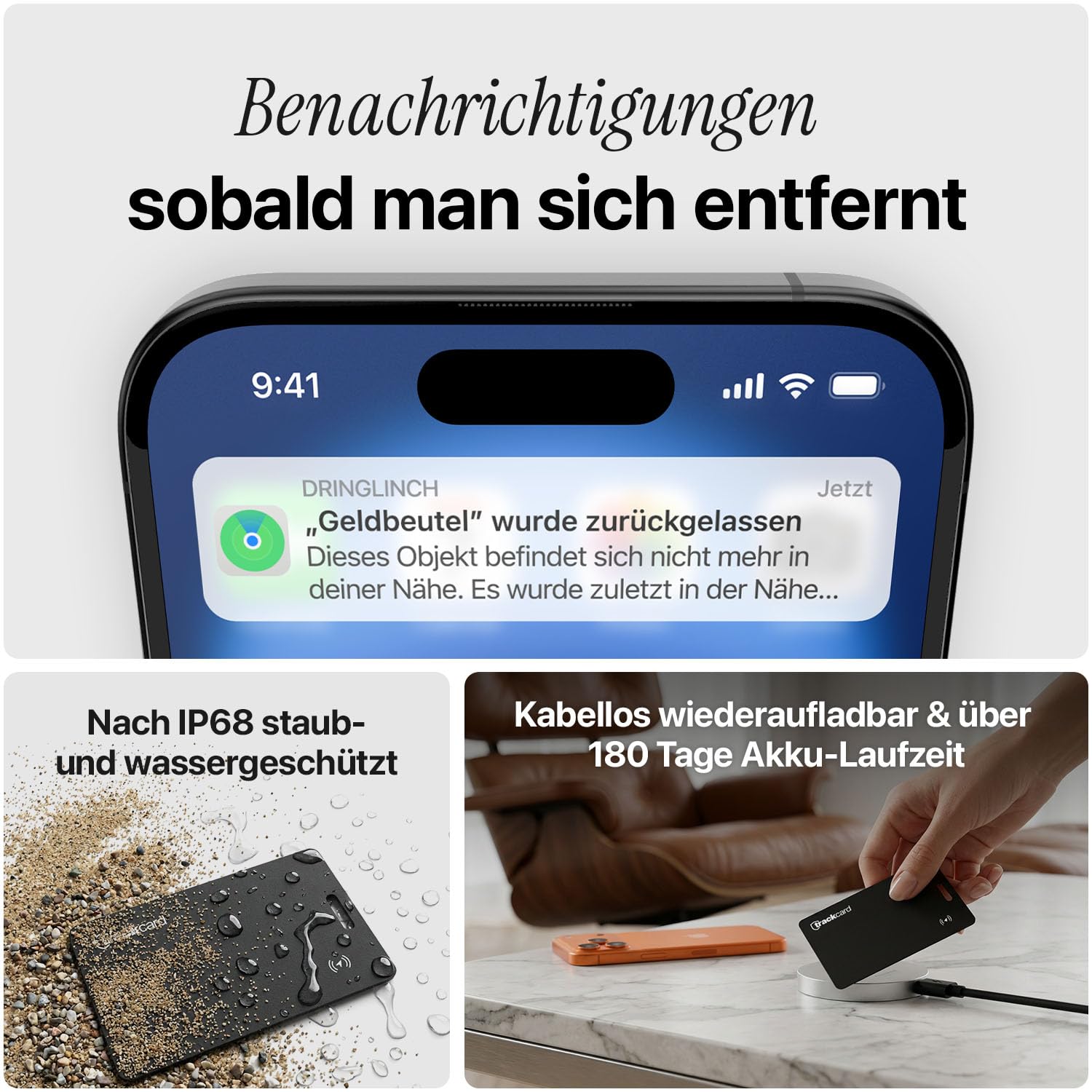 TRACKCARD® Tag AirTag Alternative Karte für Geldbeutel - Wiederaufladbar, Smart, Slim & Laut, Kompatibel mit Apple Wo Ist & Find My (iOS) iPhone Bluetooth Tracker Karte für Wallet 6