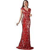Womens Sequined Long Evening Gown Glitter Short Sleeve V-Neck Mermaid Evening Dress for Party Or As Wedding Guest