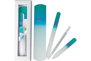 Bona Fide Beauty Handmade Czech Glass Manicure Pedicure Gift Set for Women, 4PC Gift Set in Blue with Glass Foot File, Cuticle Pusher, Mini File and Regular Nail Filer