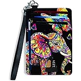 FXIANGWL Slim Front Pocket Wallet for Women, RFID Blocking Credit Card Holder Wallet with Detachable Wrist strap, Thin Card Case ID Window Small Card Holder for Unisex, Colorful Floral Elephant
