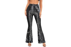 YHYJMY Womens High Waist Wide Leg Sparkle Sequin Bling Glitter Elastic Loose Flare Bell Bottom Shiny Pants
