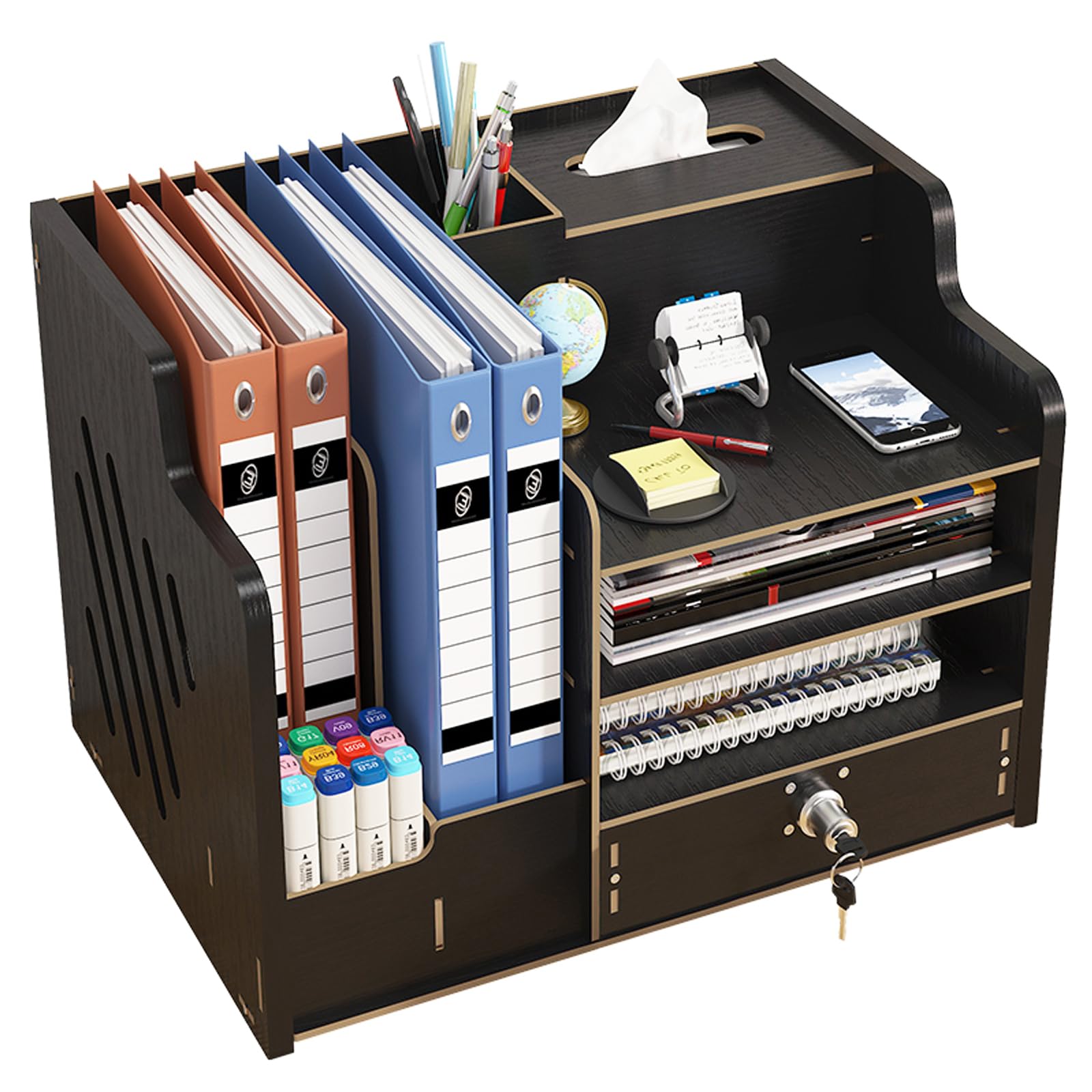 Catekro Desk Organiser Wood, Stationary Organiser with Drawer, Large Capacity Desk Tidy Storage Holder for A4 Papers, Books, Document and Notebook (Black)
