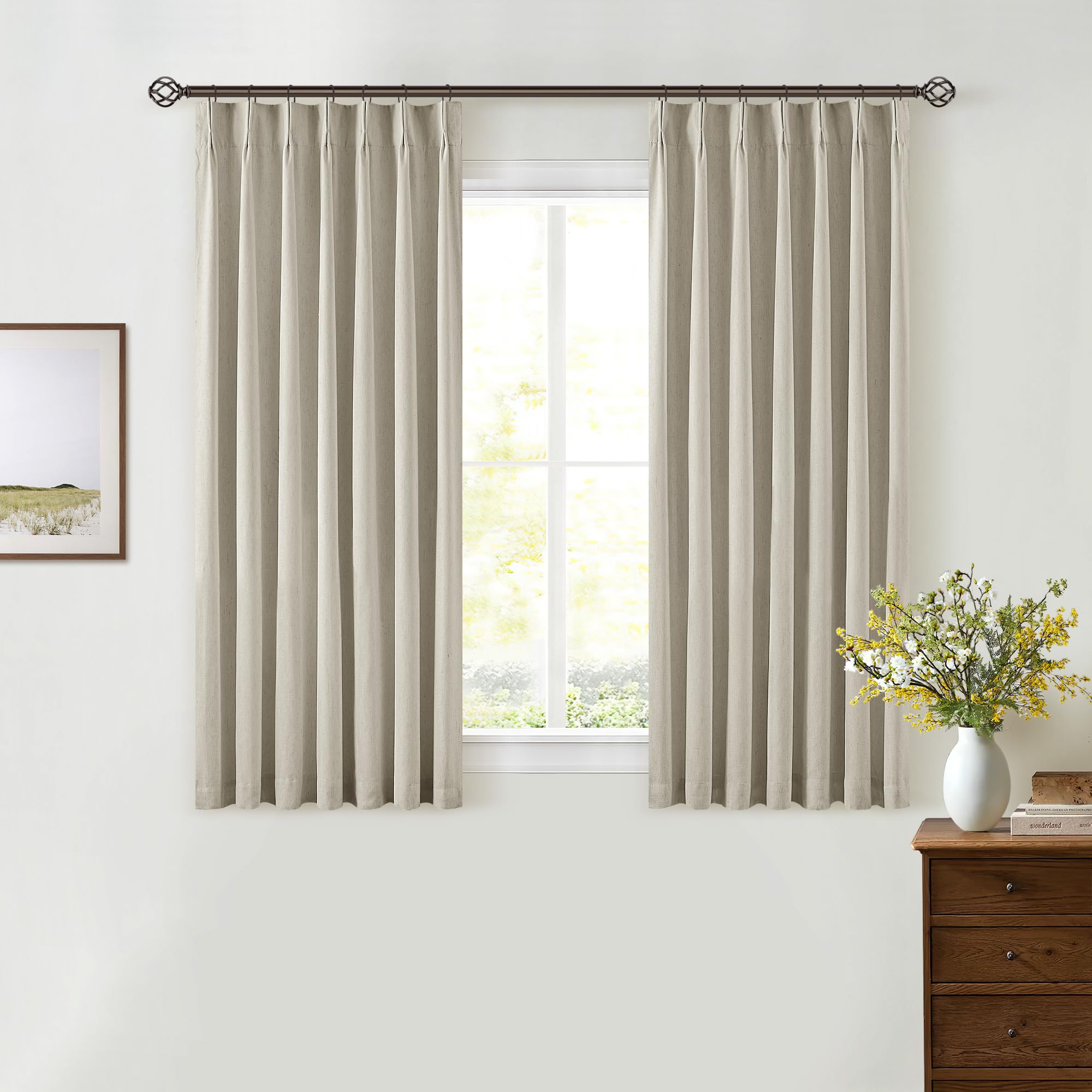 Photo 1 of Beige Linen Blackout Curtains 45 Inch Length 2 Panels Pinch Pleated Back Tab Short Curtains for Kitchen with 100% Blackout Liner Neutral Farmhouse Drapes for Basement Thermal Insulated Oatmeal Drape