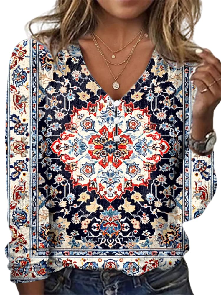 LOAIHA Boho Tops for Women Fall Long Sleeve Shirts Floral Print Button Up Plus Size Blouses Bohemian Clothes V Neck Shirt Cute Tunic Top,Boho10,2XL