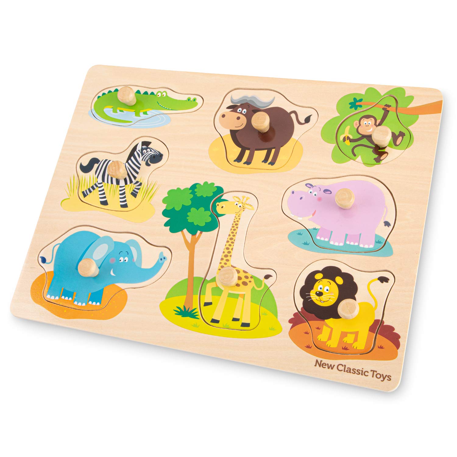 New Classic Toys - Peg Puzzle - 8 Pieces - Safari - Wooden Educational Puzzle - Includes Crocodile, Cape Buffalo, Monkey, Zebra, Giraffe, Hippo, Elephant, and Lion