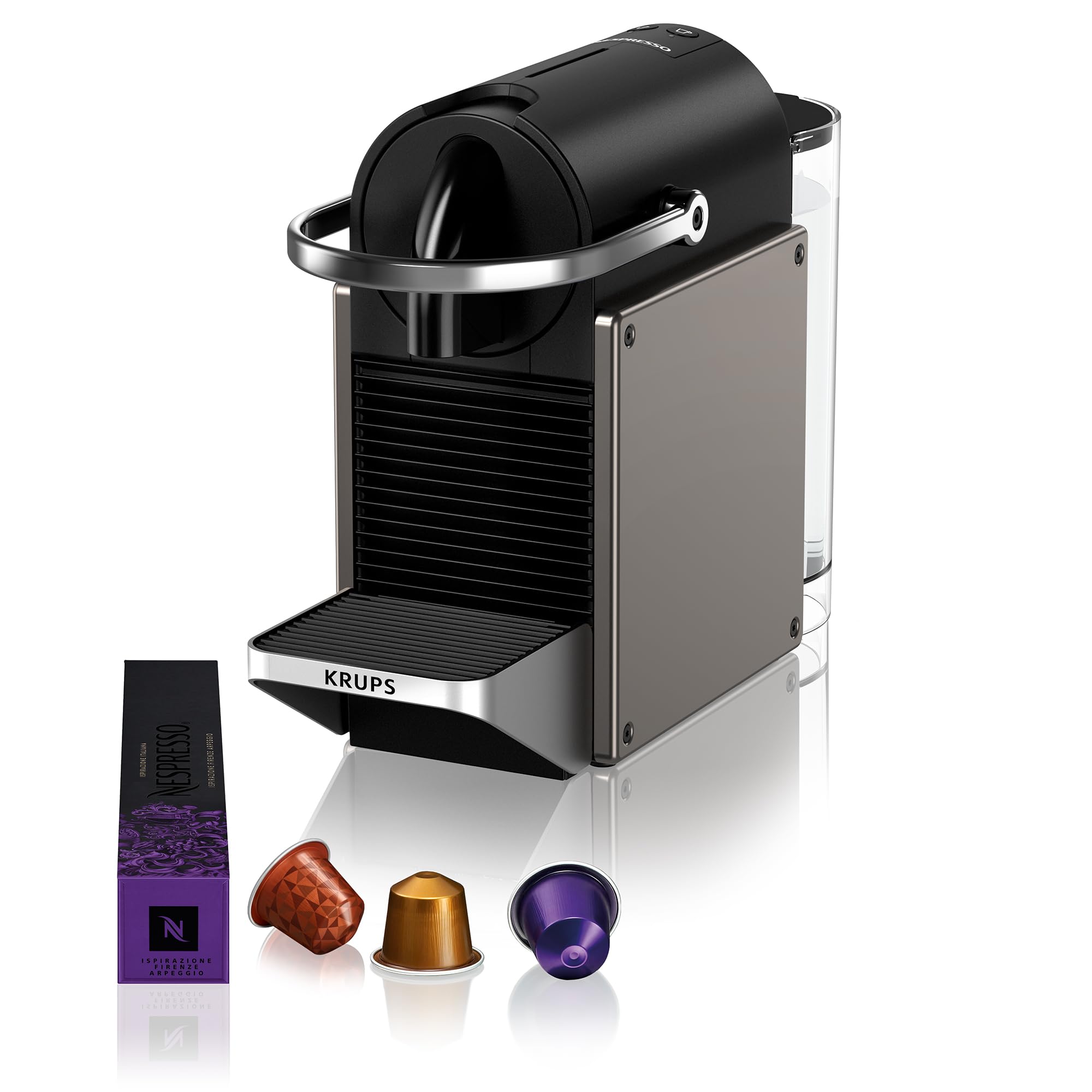 Krups XN306TK Nespresso Pixie Titan, Macchina per caffè Espresso, Ricette Programmabili, 2 Lunghezze, Spegnimento Automatico, 1260 W, 0.7 Litri