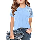 LNKQA Girls Short Sleeve T Shirts Summer Tops Kids Lace Pleated Tees 5-14 Years