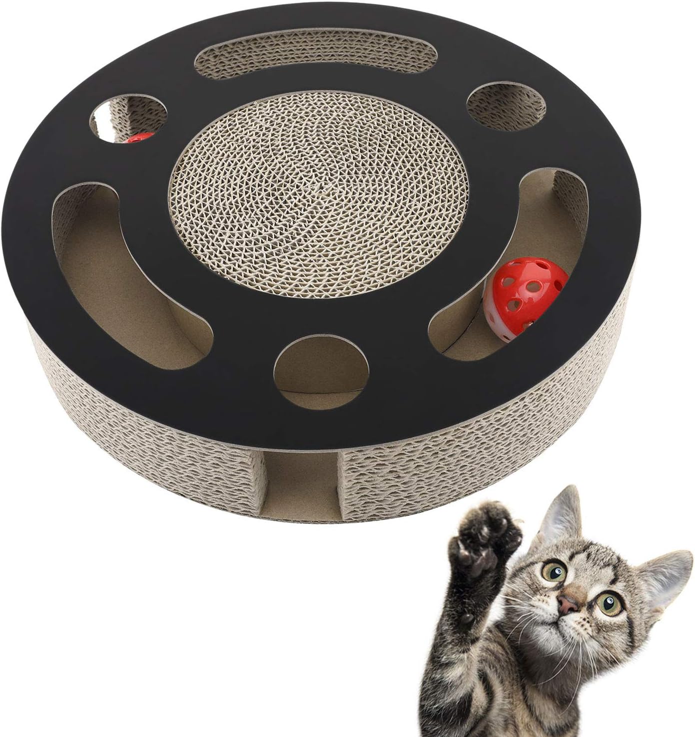 Pawaboo Cat Scratcher Board, Multifunctional Cat Scratching Corrugated Paper Scratch Pad Cardboard Cat Toy with Built-in Round Bell Balls & Organic Catnip for Cat Kitty Kitten