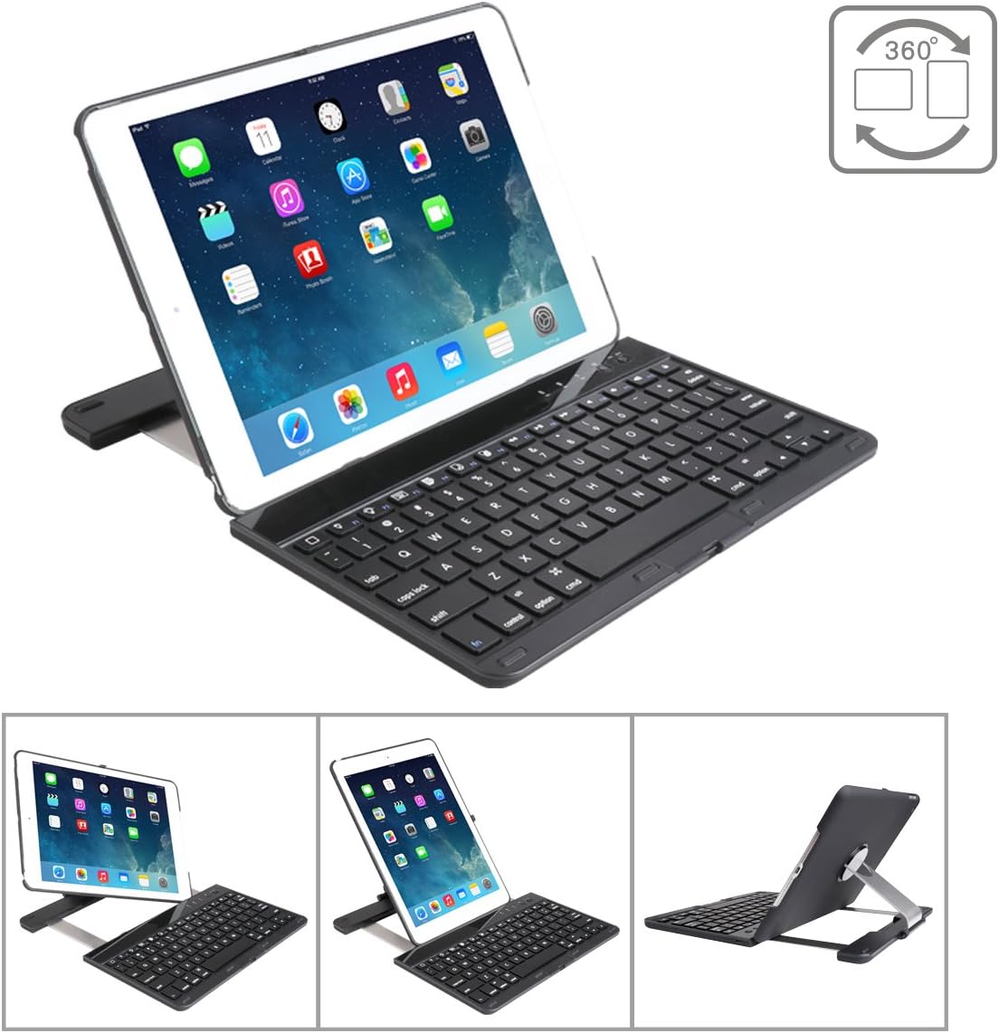 Cstorm iPad air 1 Bluetooth Wireless Keyboard Case Auto Sleep Wake up 360 Rotatable Stand Smart Folio Protective Cover for ipad air Black