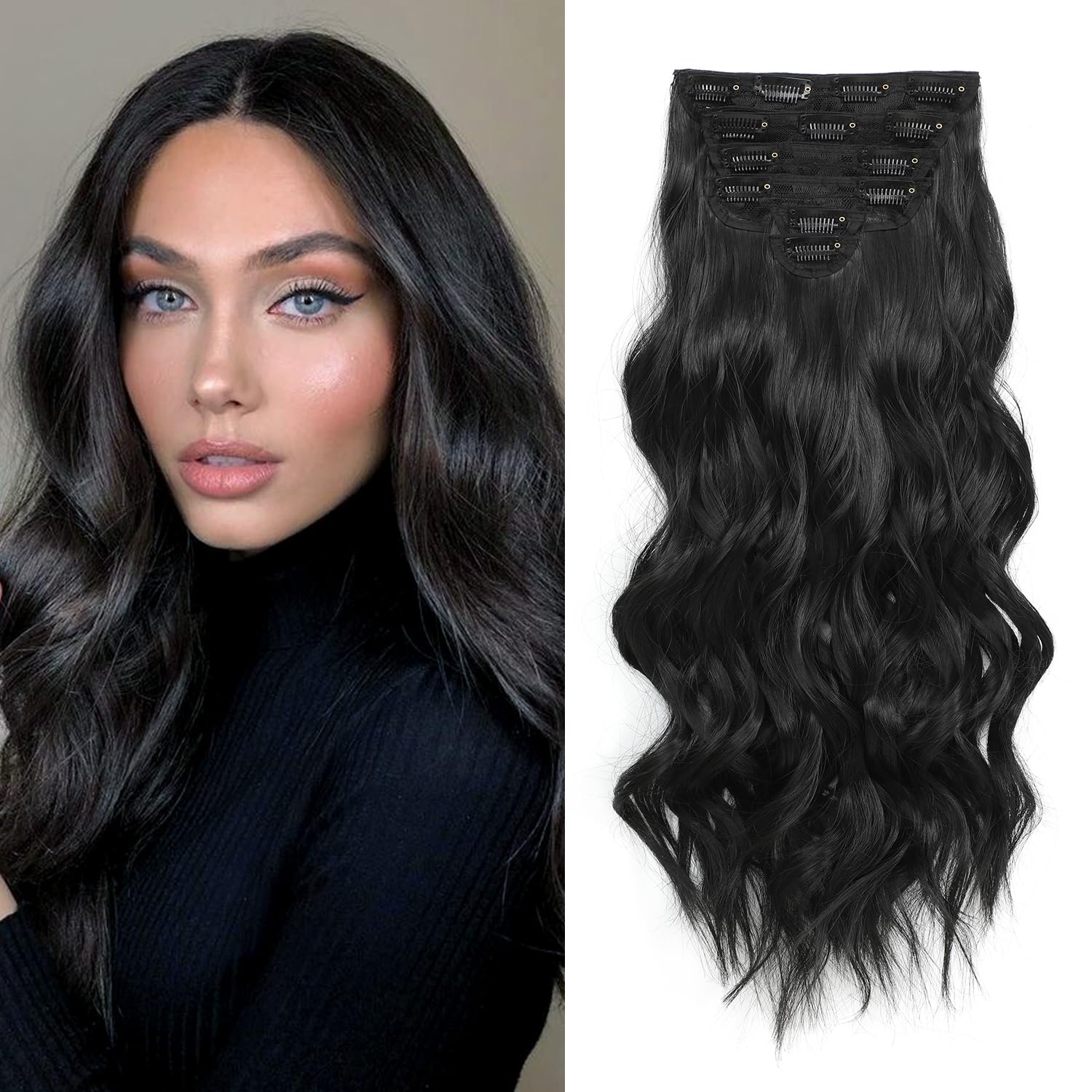 Photo 1 of Fliace Synthetic Clip in Hair Extensions, 6 PCS 1 6 Inch Hair Extensions Clip Ins, Black Long Wavy Hairpieces(16inch, 6pcs, Black)