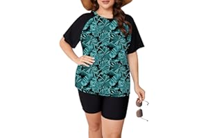 ZOMVA Plus Size Women's 2 Piece Rash Guard Swimsuit Modest Short Sleeves Swim Shirt with Boyshorts UPF 50+
