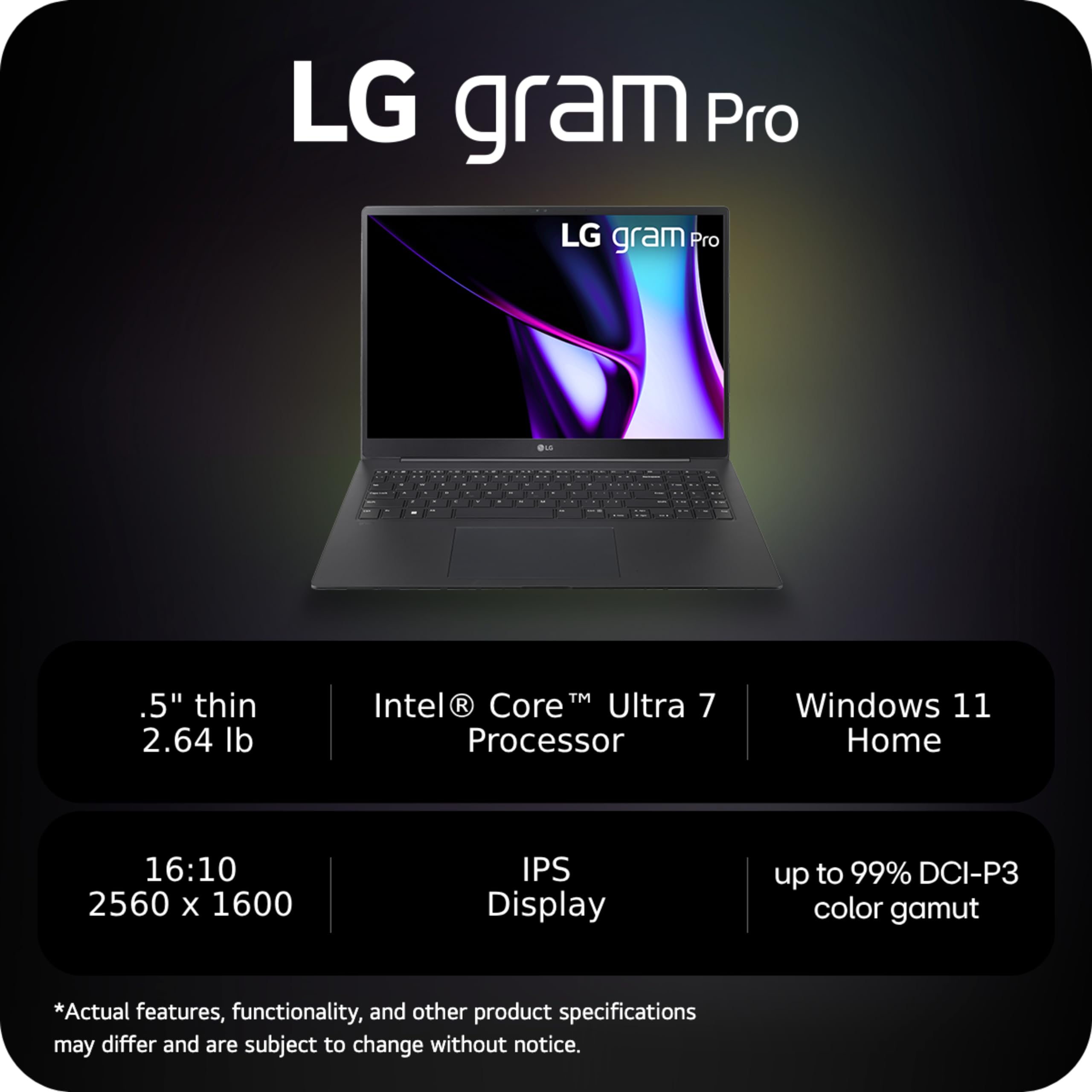 LG gram Pro 16-inch Thin and Lightweight Laptop, Intel Evo Edition - AI-enabled Intel Core Ultra 7 Processor, Windows 11 Home, 16GB RAM, 1TB SSD, Black