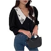 OYOANGLE Women's Floral Embroidery Puff 3/4 Sleeve Button Up Doll Collar Blouse Dressy Cute Tops