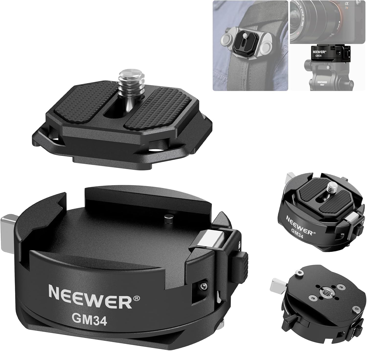 NEEWER GM34 Camera Quick Release Plate Kit, Quick Switch Auto Lock Square QR Mount Plate with Arca Type Clamp Base, Compatible with Arca Swiss, Camera Clip, Max Load 11lb/5kg