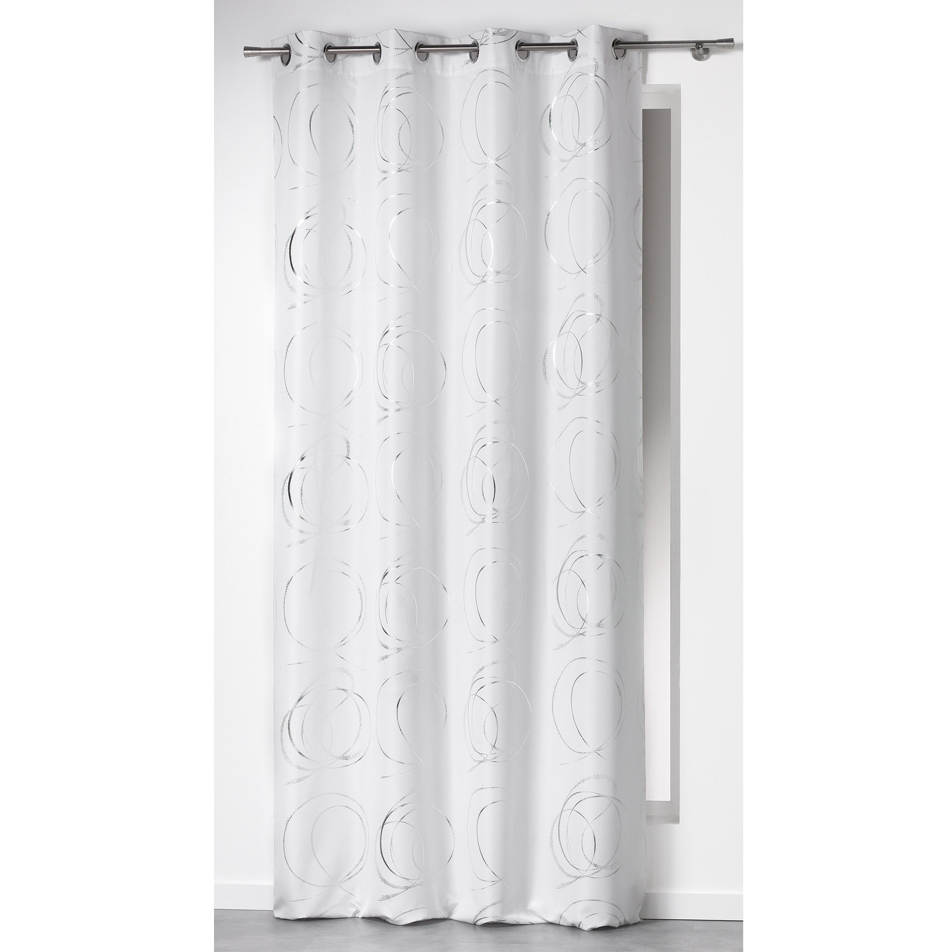 DOUCEUR D'INTERIEUR 140 x 260 cm Printed Polyester Argent Bully Curtain Rings, Blanc