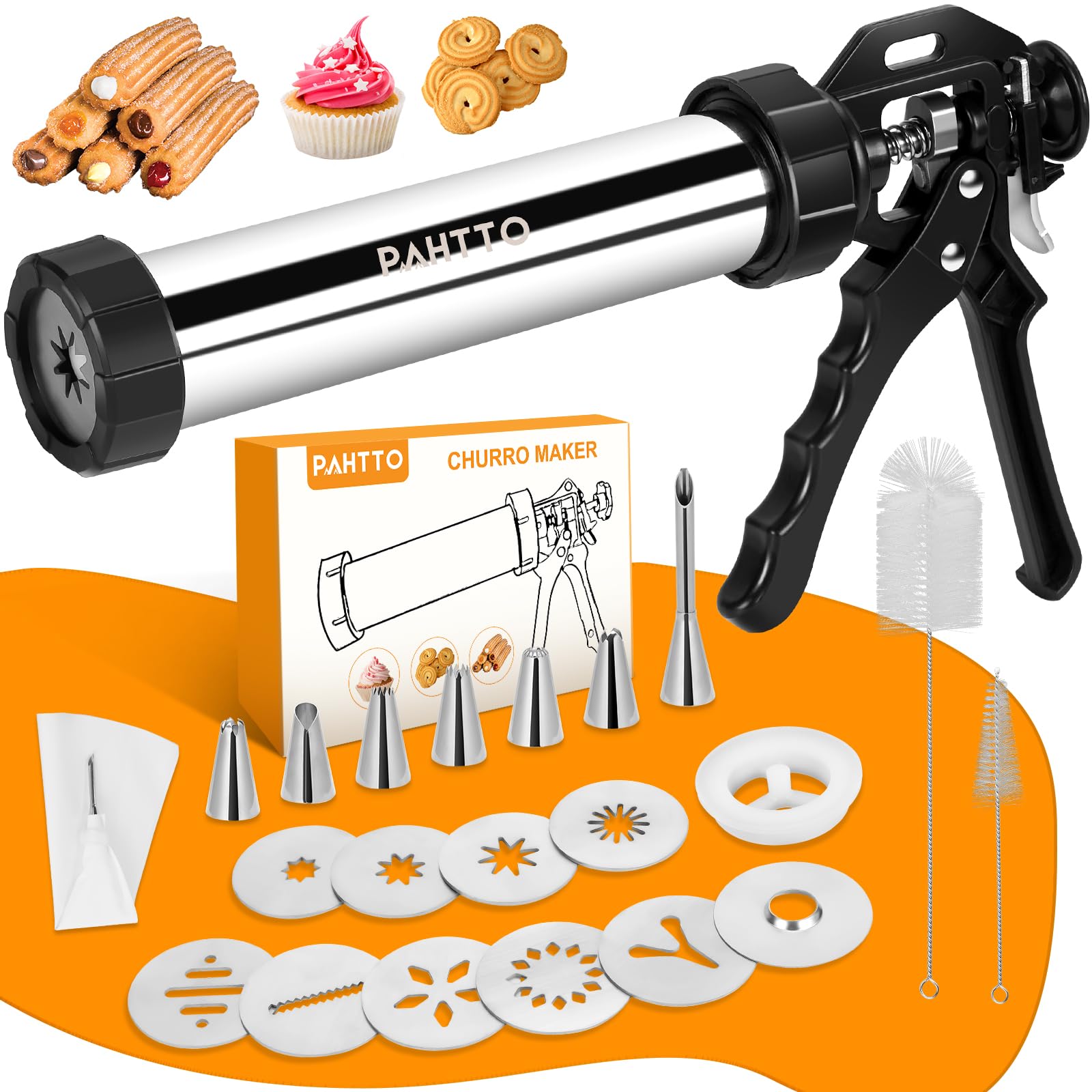 Photo 1 of PAHTTO Churro Maker Machine, Stainless Steel Churros Gun Kit, 3-in-1 Multifunctional Cookie Press Hollow Churro with Piping Bag, 7 Piping Nozzles, 9 Cookie Discs & 2 Brushes, Easy to Clean