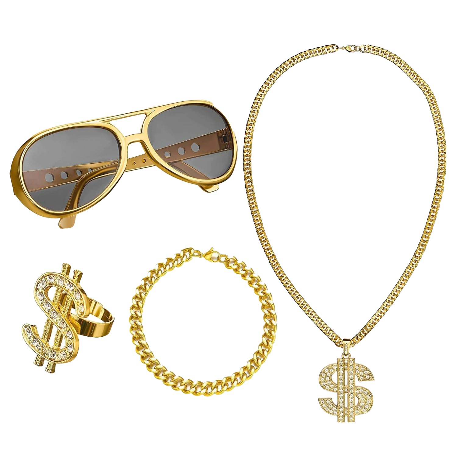 JOYVOX 4pcs Fake Gold Chain Necklace Set, Fake Gold Chain Gold Chain Fancy Dress Hip Hop Costume Kit – Hip Hop Rapper Style Costume Chains for 90s Fancy Dress