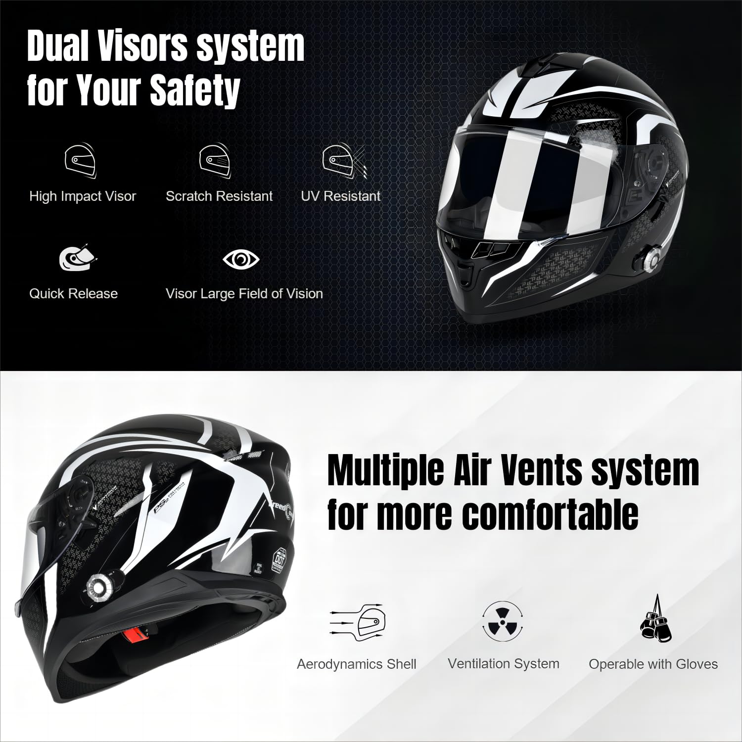 Bluetooth Motorcycle Helmet FreedConn BM12 DOT Full Face Bluetooth Helmets Motorcycle Dual Visor Helmet with Integrated Intercom System/ 2~3 Riders Pair/ 500M/ FM (Black & White, XL)