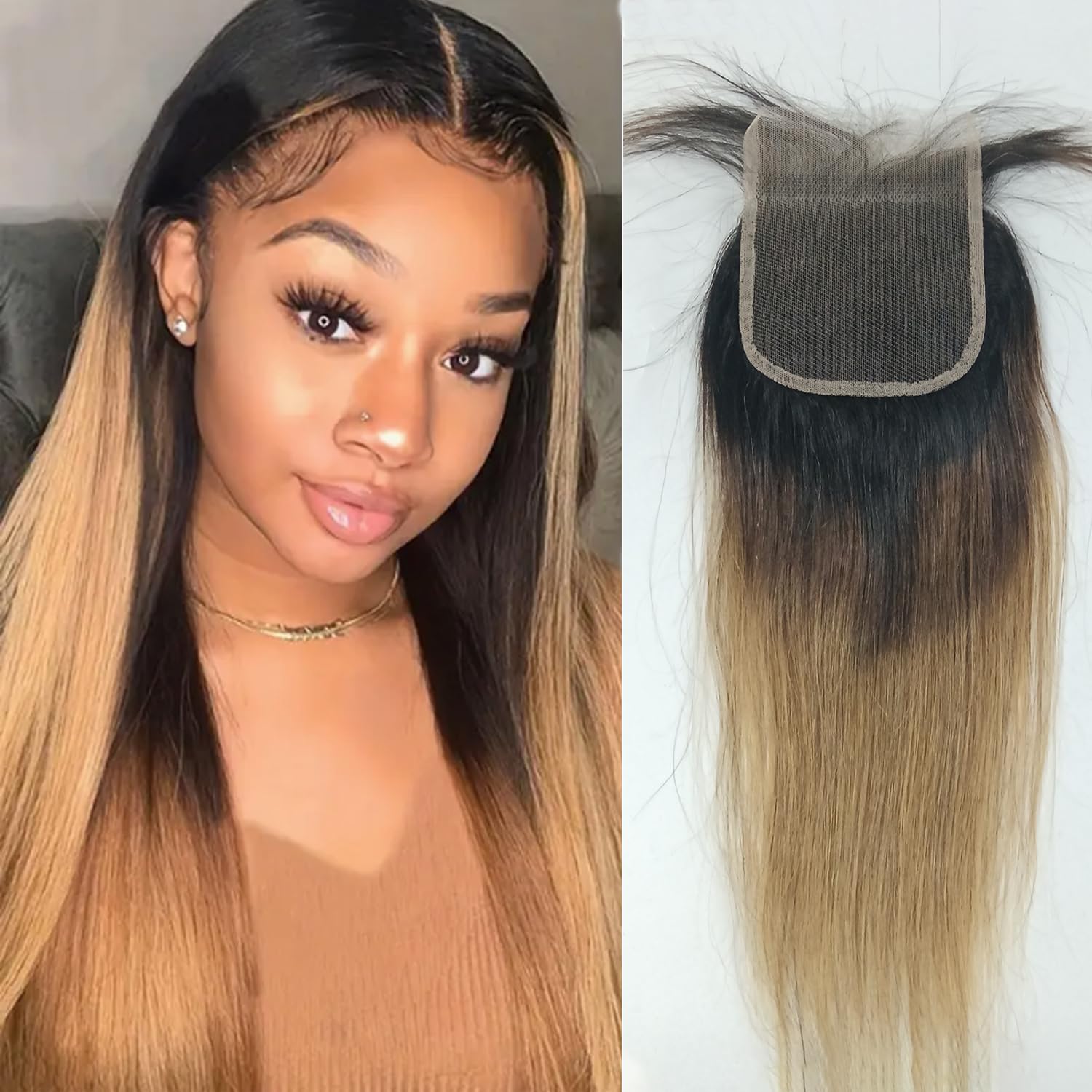 Highlight 4X4 Lace Closure Human Hair Straight T1B/4/27 Two Tone Brown Mix Blonde 150% Density Pre Plucked Hairline Transparent Lace Closure 18 Inch