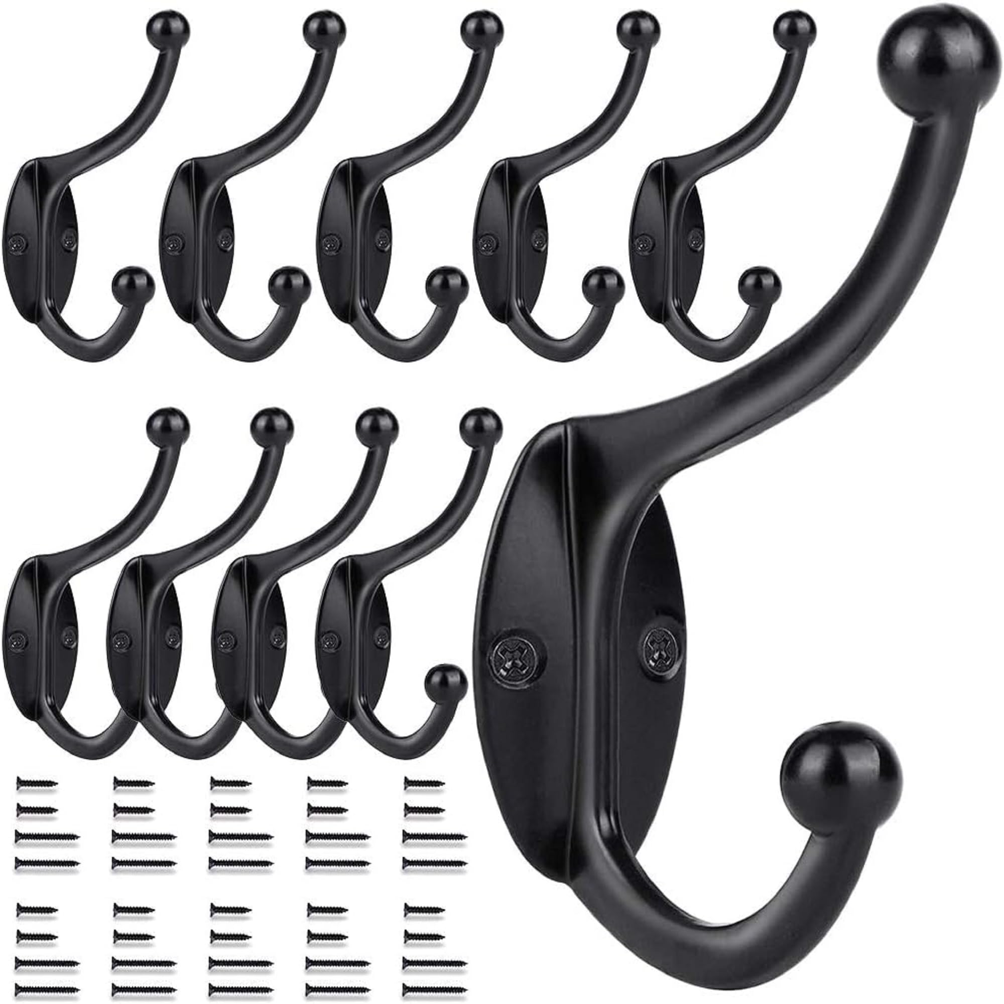 GlazieVault Black Coat Hooks for Wall - Zinc Alloy Coat Racks(10 Pack) - Heavy Duty Coat Hooks Wall Mounted - Premium Design Rust Free Door Hooks for Hanging